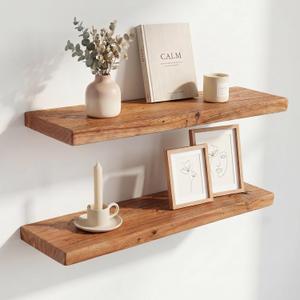 30 Inch Floating Shelves, Solid Wood Wall Shelves, 8 Inch Deep Floating Shelf for Bathroom, Bedroom, Living Room, Kitchen, Home Decor & Storage, Heavy-Duty Wooden Shelf Wall-Mounted, Set of 2