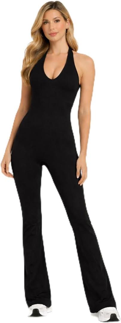Womens Halter Yoga Jumpsuit with Flare Leg Stretchy Sleeveless One Piece Workout Romper Slim Fit Yoga Gym (Medium, Black)