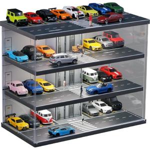 Hot Diecast Wheels Display Case,1/64 die-cast car Display case, Scene Display Box with Light, Alloy car Model dust Storage Cabinet. (4 Levels, 26 Spaces)