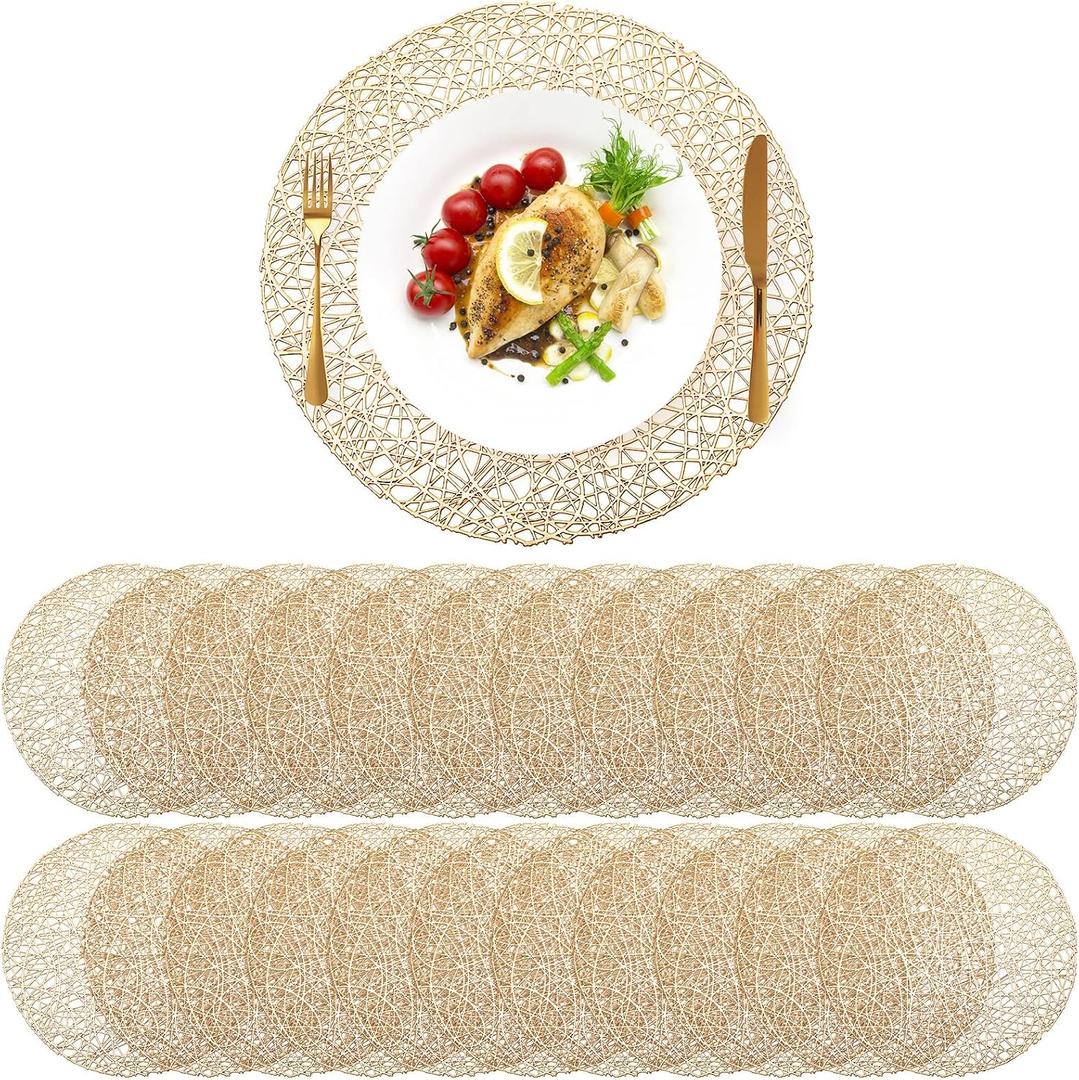 Sieral 48 Packs Gold Round Placemats 15 Inch Hollow Out Pressed Vinyl Place Mats Heat Resistant Woven Gold Placemats for Christmas Dinner Table Winter Holiday Party Wedding Centerpiece Decoration