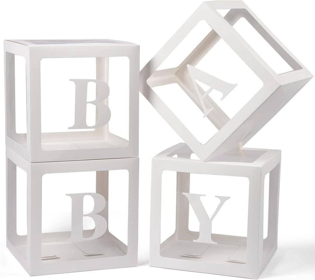 Baby Boxes with Letters for Baby Shower, 4 Transparent Balloon Boxes with Letters for Gender Reveal Birthday Wedding Baby Shower Decorations (White)