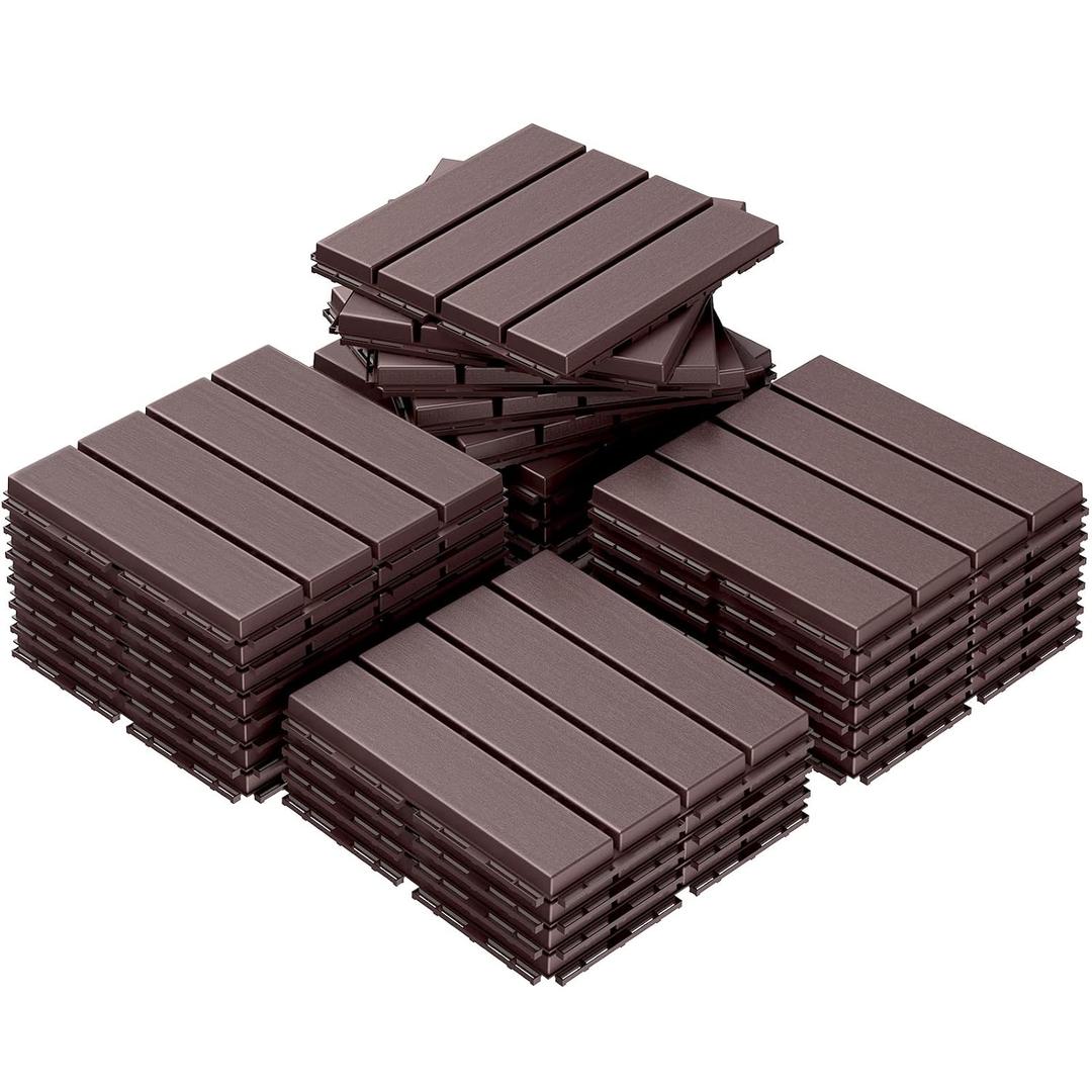 Goovilla 27 sq. ft Plastic Interlocking Deck Tiles27PCS Waterproof Patio Balcony Flooring, 12"x12" Outdoor Interlocking Deck Tile for All Weather Porch Poolside Grass Dirty, Decking Tiles, Dark Brown