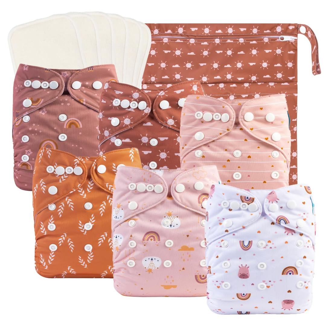 babygoal Baby Cloth Diapers 6 Pack with 6pcs Rayon from Bamboo Inserts and Wet Bag, One Size Reusable Washable Pocket Nappy Covers for Infant Boys and Girls 6FG04 (Boho-cloud,rainbow,sun)
