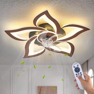 Ceiling Fan with Lights Remote Control, Wooden Geometric Color 6 Speeds Low Profile Flush Mount Ceiling Fan with Light for Kitchen Bedroom Living Room (24"-Dark Wood Grain Color)