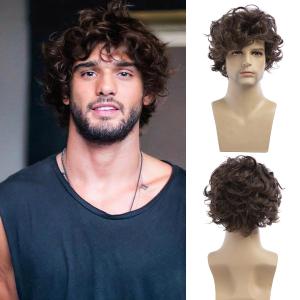 Baruisi Mens Curly Wig Brown Layered Short Wig Synthetic Halloween Cospaly Hair Wig