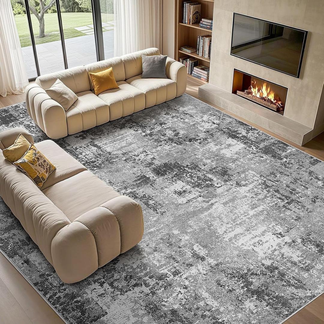 Tortania Washable 9x12 Area Rug for Living Room: Modern Abstract Neutral Large Soft Thin Rugs - Non Slip Indoor Carpet for Bedroom Dining Room Office Nursery Home Floor Decoration - Grey