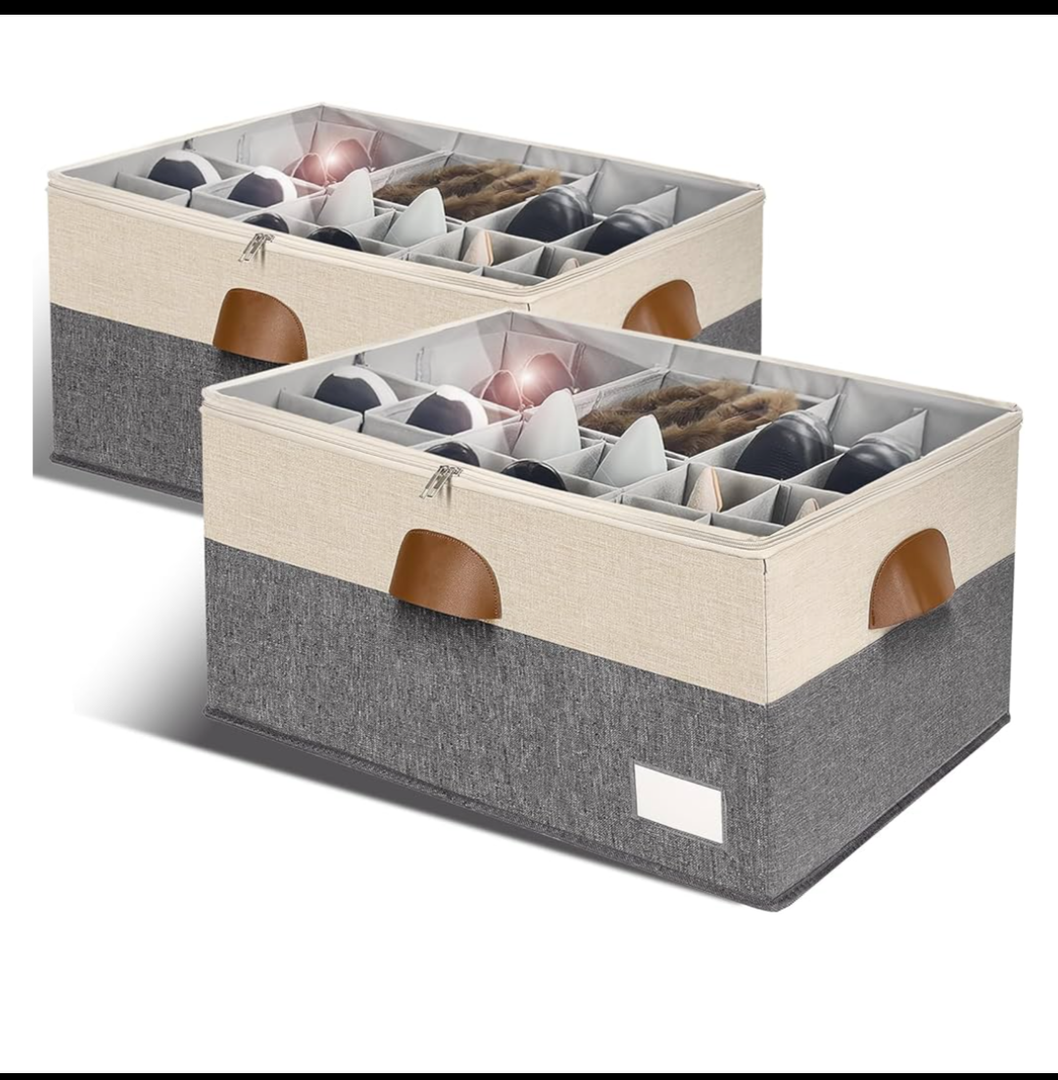 Shoe Organizer for Closet, Foldable Shoe Storage Bins with Clear Cover, Space Saving Shoes Holder with 4 Handles, Large Adjustable Shoe Box Storage Containers, Fits 12-24 Pairs, 2 Pack, Beige