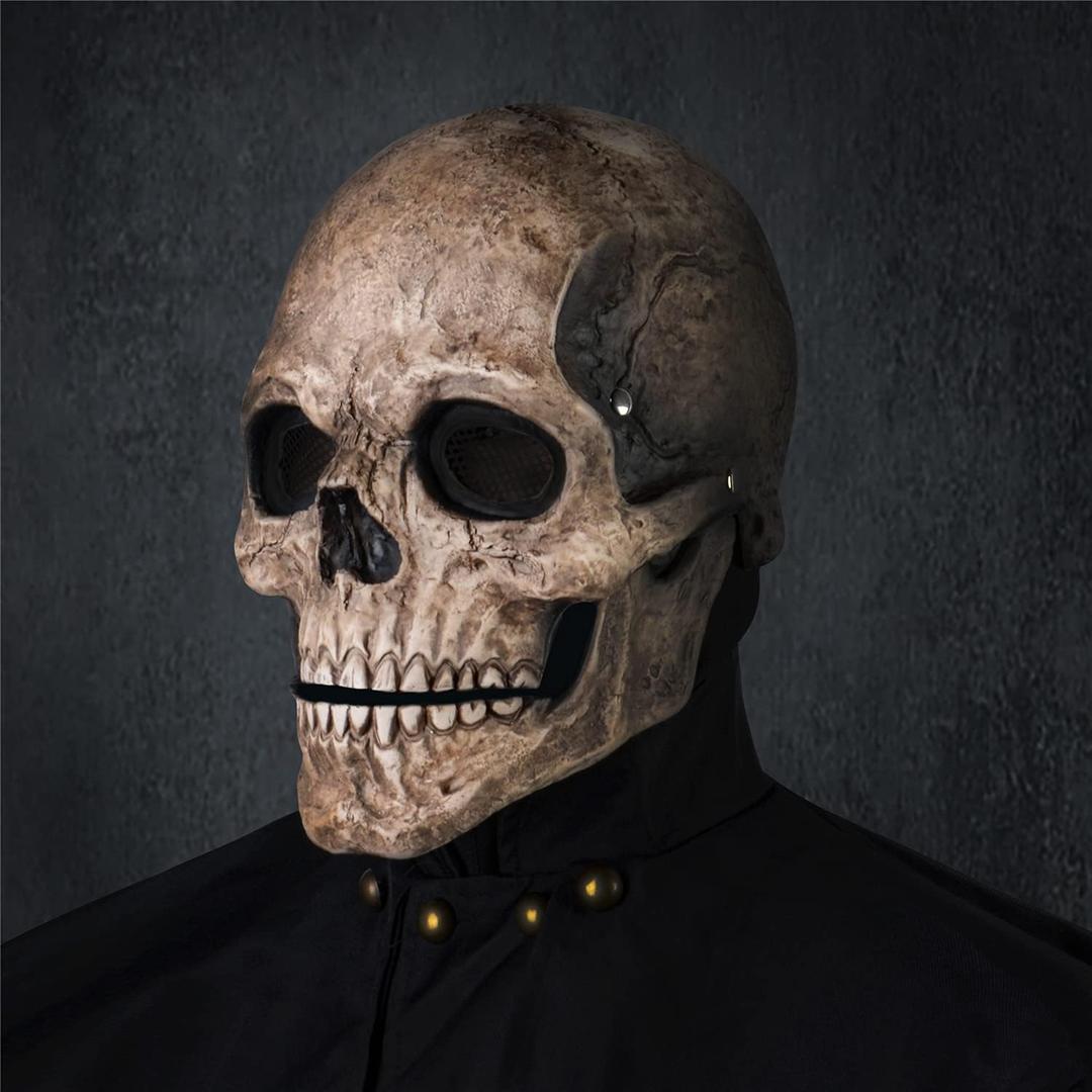 RRANYF Creepy Halloween Full Head Skull Mask with Movable Jaw, Adult Entire Head Realistic Latex Helmet, Scary Skeleton