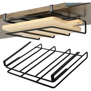 Cutting Board Organizer, Black Under Cabinet Cutting Board Holder, Stainless Steel No-Hole Multifunctional Kitchen Organizer Under Cabinet Shelf for Kitchen Utensils, Towel, Cutting Board