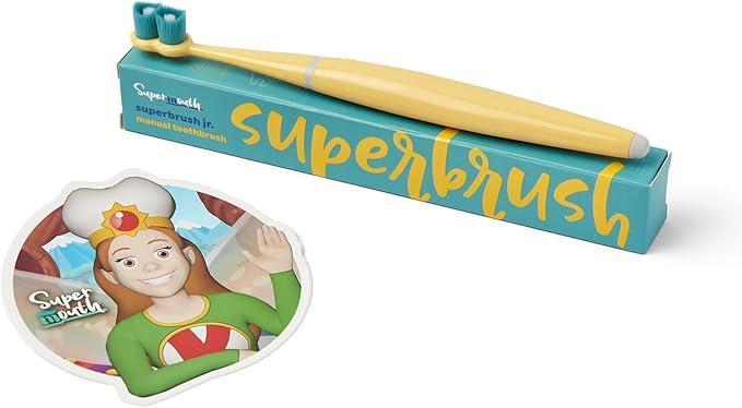 SuperMouth® SuperBrush Jr.® Kids Manual Toothbrush – Soft Patented SuperBristles® Clean Baby Teeth 30X Better, Gentle Plaque Removal, Augmented Reality Teaches Proper Brushing, Color: Sunshine Smile