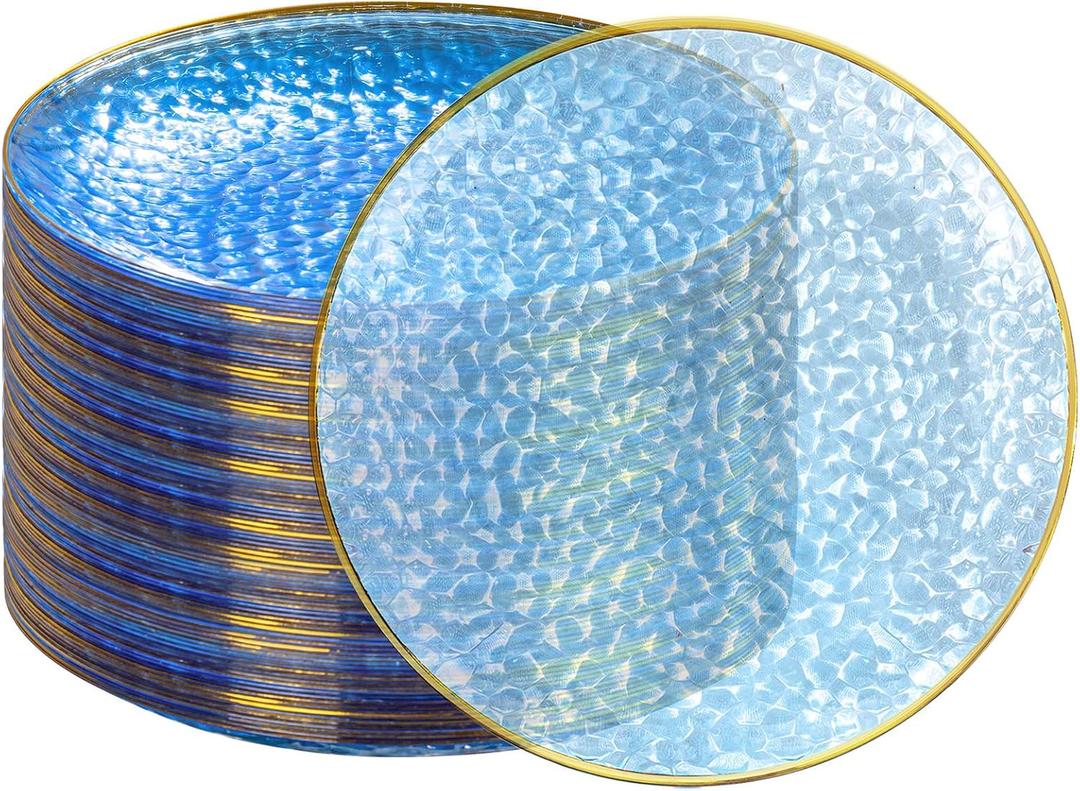 DaYammi 100PCS Blue and Gold Plastic Plates - 10 inch Clear Blue Gold Dinner Plates - Hammer Pattern Design - Fancy Disposable Plates - Heavy-Duty Party Plate for All Occasions