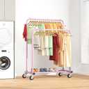 Laiensia Double Rods Garment Rack with Wheels, Clothing Rack for Hanging Clothes,4 Hooks, Multi-Functional Bedroom Clothes Rack, Pink