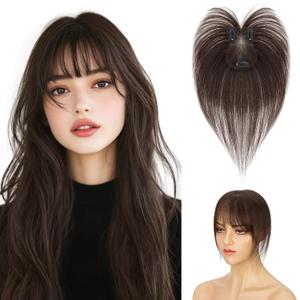 Hairro Clip In Bangs Short Hair Toppers For Women 3D Cover Remy Human Hair Wispy Thin Topper Hairpieces Clip On Fake Air Bang 11 Inches 14g #02 Dark Brown