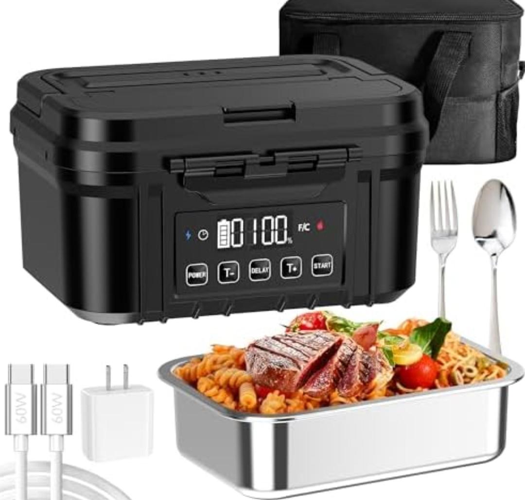 FERVINOW Cordless Electric Lunch Box for Adults – Battery-Powered Heated Lunch Box with 1.2L Stainless Steel Container, Timer Function, and Leak-Proof Food Warmer for Work, Travel & Office