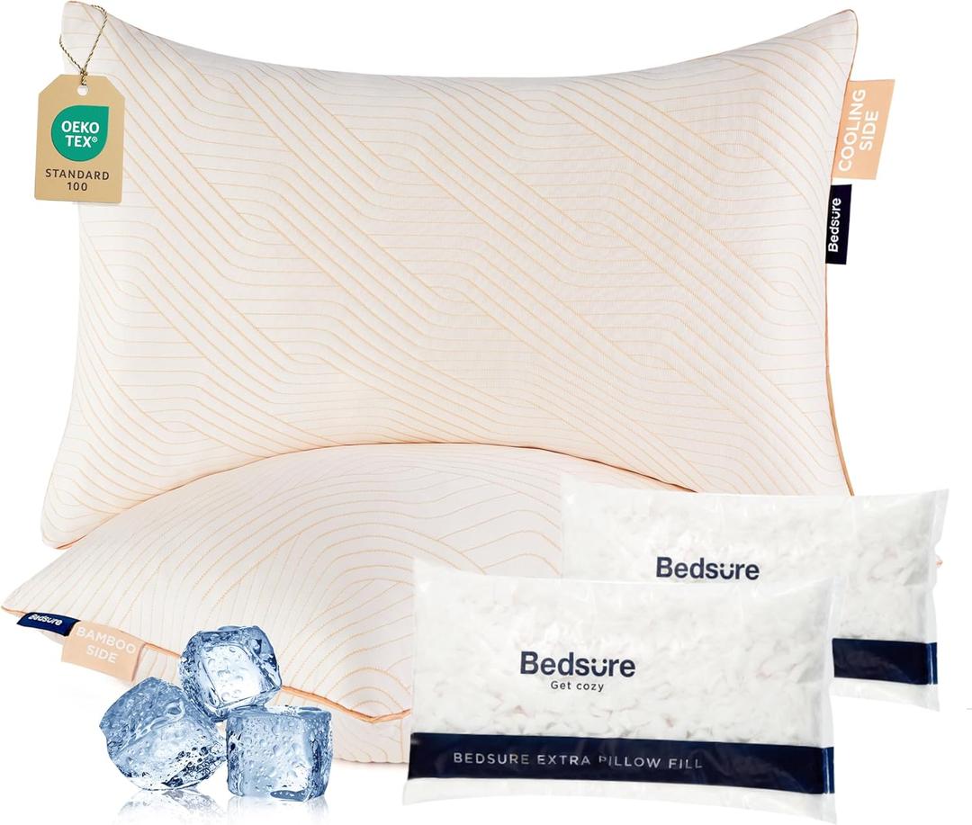 Bedsure Memory Foam Pillows Queen Size, Set of 2, Adjustable Firm Bed Pillows for Sleeping, Cooling Dual-Sided Design, Rayon Derived from Bamboo Pillowcases for Side, Back, Stomach Hot Sleepers (Orange)