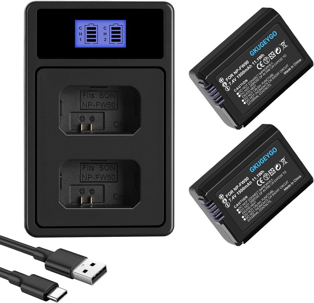2-Pack NP-FW50 Replacement Battery and Dual Channel Charger for Sony ZV-E10 Alpha a6500 a6300 a6000 a7 a7s a5100 a5000 a7r a7rii RX10 Series Camera (Black)