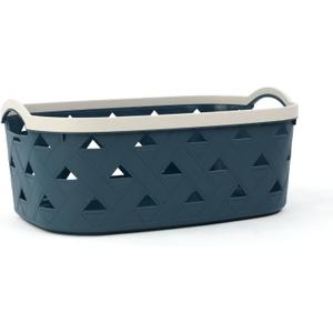 Extra-Large Plastic Storage Basket with Handles  Blue & Cream Decorative Bin for Bathroom, Living Room, or Laundry  Designer Leather Pattern Organizer Basket, 16.7L