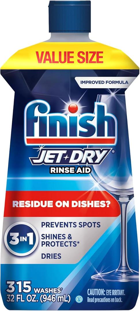 Finish Jet-Dry Dishwasher Rinse Aid, Compatible with Dishwasher Detergent, Prevents Spots & Residues, Dries, Shine & Protects, 32 oz, 300 washes (32 Fl Oz (Pack of 1))