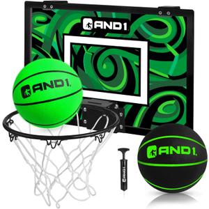 AND1 Over the Door Mini Basketball Hoop: 18x12 Shatterproof Backboard, 2 Mini Basketballs, and Hand Pump Included- Ultimate Indoor Basketball Accessory for Kids and Adults, No Tools Required (Green/Black)