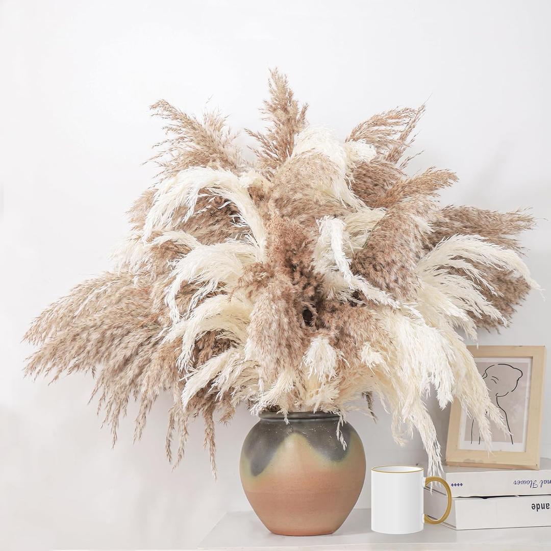 28" inch 20 Stems Large Pampas Grass Decor - Fluffy Brown & White Pampas Grass Decor Tall Pompas Grass for Floor Vase - Boho Home Decor Wedding Decor Natural Flower Bouquet (10 Brown & 10 White)