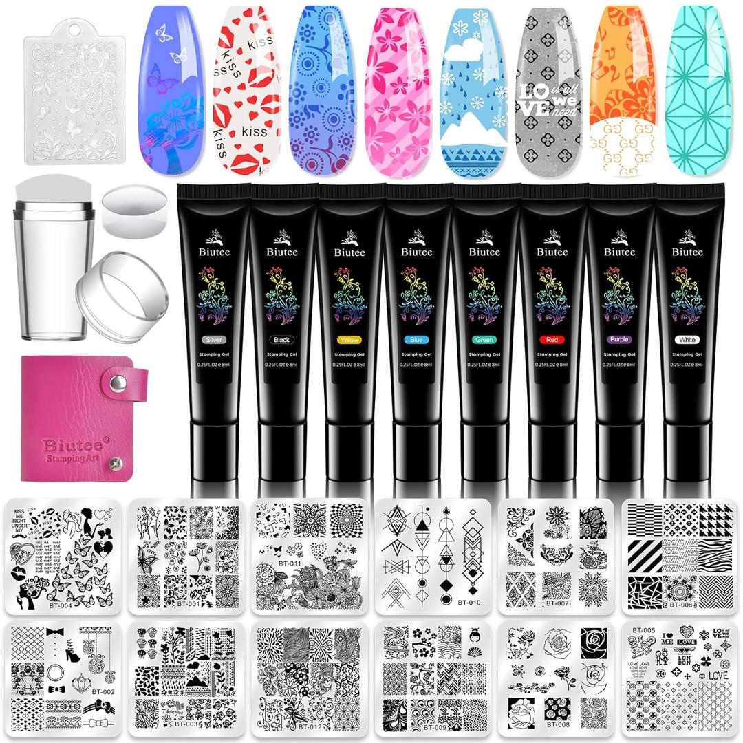 Biutee Nail Stamping Plates Set - 12pcs Templates, 8 Colors, Stamper, Scraper, Storage Bag - Animal & Flower Design Nail Art Plates (8pcs polish gel with plates)