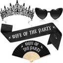 JaGely 4 Pcs Gothic Bachelorette Party Accessories Set, Bride Crystal Crown Sunglasses Sash and Fan for Bridal Shower(Wife of the Party)