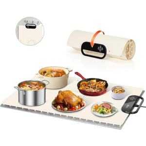 Food Warming Mat  Fast Heating Electric Warming Tray with 7 Temp Settings, 11-Hour Timer & Auto Shut-Off, Foldable Silicone Mat with Child Lock, Portable Warming Pad for Buffets, Holidays  Beige