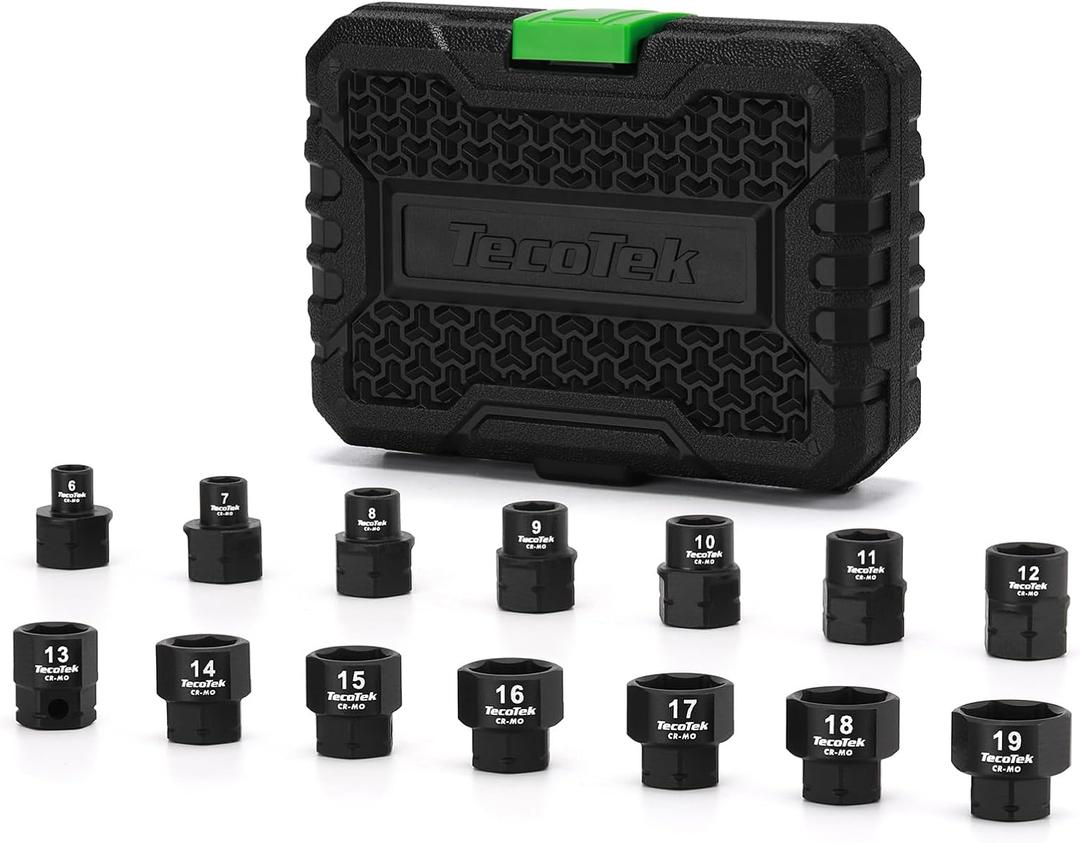 14-Piece 3/8-Inch Drive Metric Low Profile Impact Socket Set, Stubby Socket Set, 6mm-19mm, No Skips Sizes, 6 Point, Cr-Mo, Shorter Socket for Tight Areas