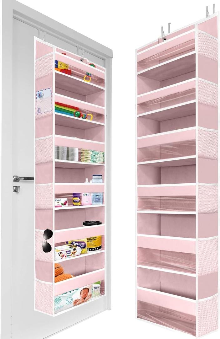 HOMELUX THEORY 1 PC Heavy Duty Over the Door Organizer 55x14x6.7, 6 Large Front & 12 Side Pockets, Hanging Storage Closet Door Organizer for Bedroom, Bathroom and Baby Nursery Storage (Baby Pink) (1 set, Baby Pink)