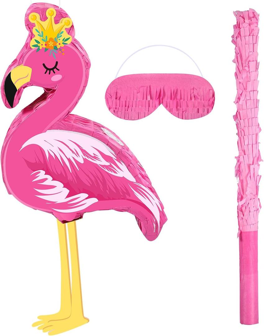 Threan Pink Flamingo Piata Tropical Party Supplies Small Hawaiian Flamingo Piata with Blindfold Stick for Pool Luau Hawaii Summer Theme Birthday Party Decorations, 16.1 x 11.8 x 3.1 Inch