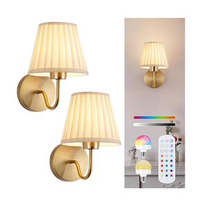 Vintage Battery Operated Wall Sconces Set of 2, Pleated Fabric Shade Gold Wall Lamp with Remote Control, Cordless Rechargeable Wall Sconces Fixtures for Bedroom, Living Room, Beside (2 Bulbs Included)