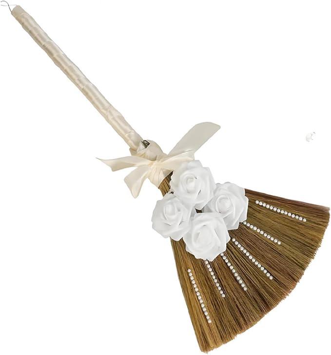 Wedding Broom for Jumping Ceremony, Decorative Broomstick DIY with Ribbons Artificial Roses & Sticky Pearl, African American Jumping The Broom for Wedding White Roses