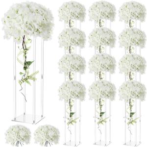 Geetery Tall Acrylic Wedding Flower Stand Centerpieces Clear Elegant Vase Column Stand with Artificial Hydrangea Flowers for Wedding Party Table Home Decorations(12 Pcs,20 Inch)