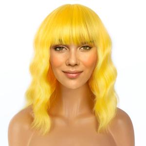 Yellow Wig Short Bob Wigs with Bangs for Women Loose Wavy Hair Shoulder Length Wigs Synthetic Colorful Wigs for Cosplay Daily PartyUse(Yellow12inch)