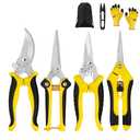 5 pack Garden Pruning Shears Stainless Steel Blades, Handheld Scissors Set with Gardening Gloves, Heavy Duty Garden Bypass Pruning Shears, Tree Trimmers Secateurs, Hand Pruner (Yellow and Black)