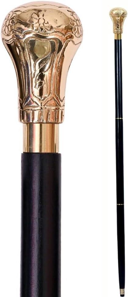 Replica of Bat Masterson Walking Cane Wooden Walking Stick Handmade Brass Knob Handle Walking Cane for Men and Women, Black and Gold 37.5 Inch