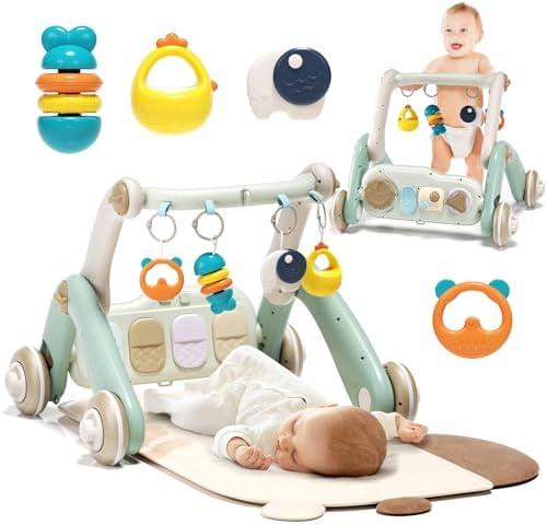 Jovow 2 in 1 Baby Gym with Walker,Baby Play Mat with 4 Infant Learning Sensory,Double-Sided Multifunctional Removable Play Piano Panel,Sit-to-Stand Learning Walker for 0-24 Months Boy Girl [White]