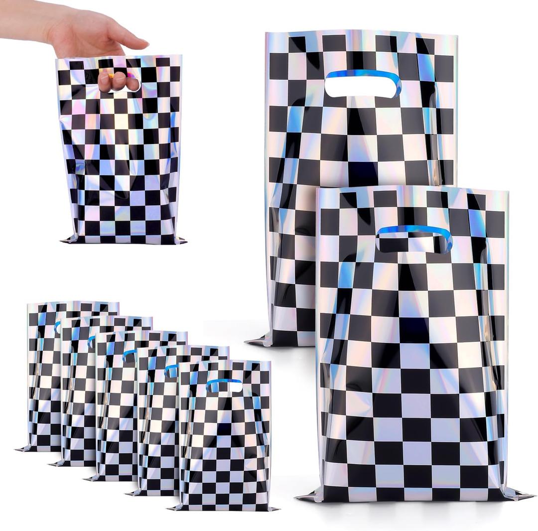 2 x XIHIRCD 50pcs Race Car Party Favor Bags, Holographic Black and White Race Cars Goodie Bags Iridescent Checkered Gift Bags Checkered Candy Treat Bags for Race Car Birthday Party Supplies