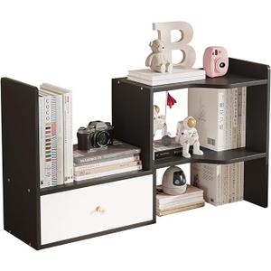 Expandable Wood Desktop Bookshelf, Freestyle Adjustable Wood Display Desk Shelf Counter Storage Rack Top Bookcase for Office & Home (Black)