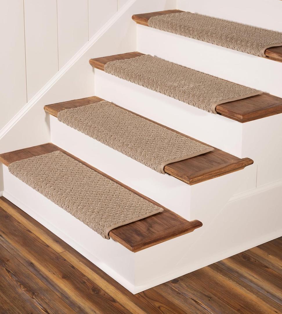 Oak Valley Designs Rounded Bullnose Carpet Stair Treads, Anti Slip Indoor Stair Mats for Wooden Stairs - Style: Bayside Charm, Wood Grain 27" W X 9.75" D (Set of 4)