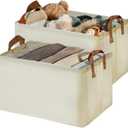 Collapsible Fabric Storage Box with Metal Frame, Wardrobe Storage Baskets, Clothing Organizer Box, Oversized Shelf Basket, Ivory Color Box Set of 2 (Ivory - Large)