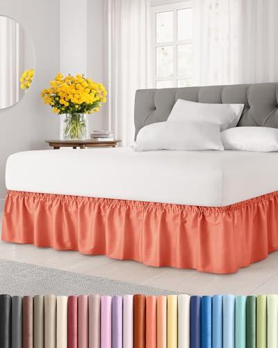 Wrap Around Dust Ruffle Bed Skirt - Coral - for King Size Beds with 18 Inch Drop - Easy Fit Elastic Strap - Adjustable Pleated Bedskirt w/Brushed Fabric - Wrinkle Free - for Women, Men, Kids & Teens