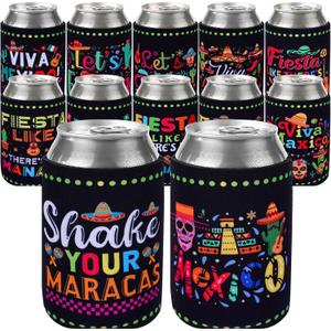 Mexican Party Can Cooler Sleeve - 12 Pcs Mexican Fiesta Decorations 12 oz Soda Beer Beverages Cans Sleeves Covers for Cinco De Mayo Party Supplies, Taco Twosday Birthday Theme Favor Decor