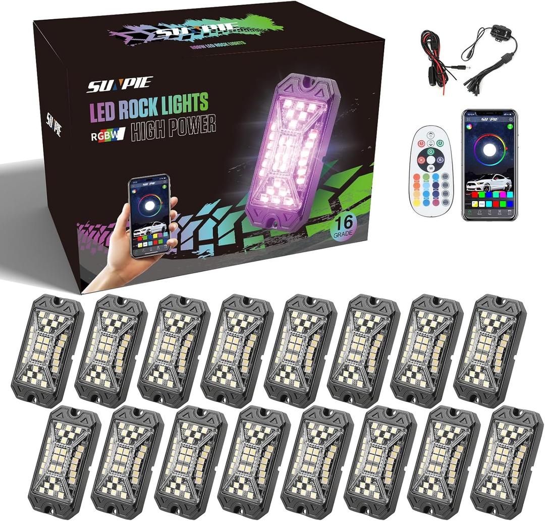 SUNPIE 16 Pods RGBW Rock Lights  Full Beam Angle, 30 High Power Chips, Aluminium Housing, Mounting Pads Included, IP67 Waterproof, Music Mode Underglow Lights, Fits Trucks, SUV, ATV, UTV, Boats