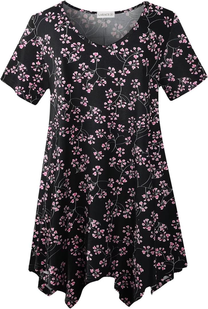 LARACE Plus Size Tops for Womens Summer Clothes Short Sleeve Shirts Casual V Neck Tunic Asymmetrical Blouses (4X, Black40pinkflower)