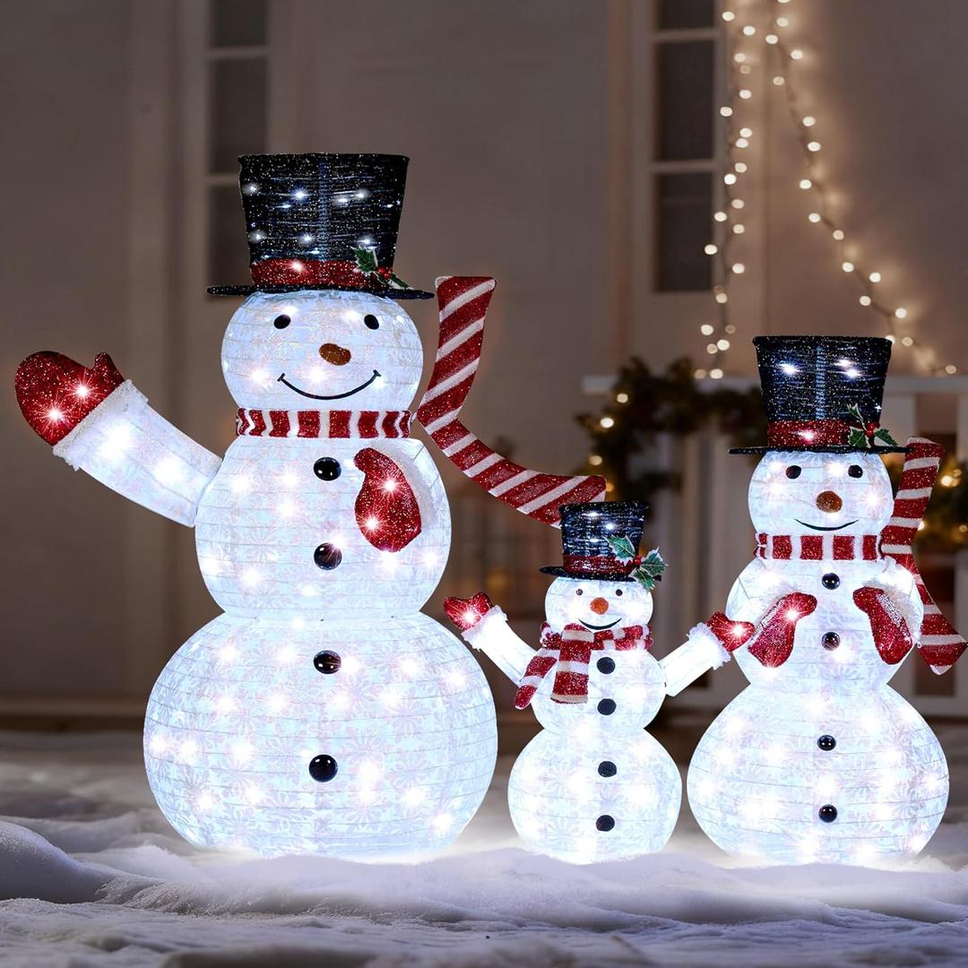 JOIEDOMI 3 Pcs 3D Christmas Collapsible Snowman Yard Light 270 Pre-Lit LED Cool White Lights for Indoor Outdoor Garden Holiday Dcor, Christmas Event Decoration, Xmas Eve Night, Red Scarf