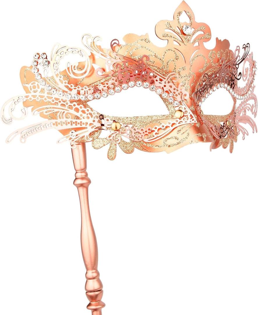 Hoshin Masquerade Mask with Stick, Mardi Gras Deecorations Venetian Masks for Womens (Rose Gold)