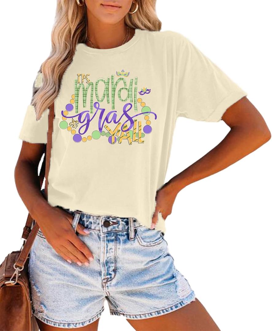 Mardi Gras Shirt for Women Fat Tuesday Shirts Carnival Themed Mardi Gras Outfit Holiday Tee Tops (Medium, Cream)