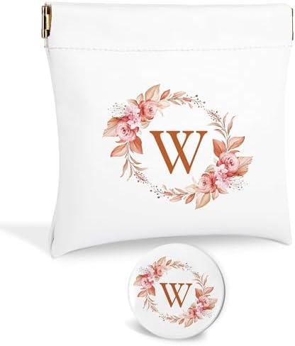Initial Letter Pocket Cosmetic Bag, Pouches for Purse, Makeup Bag with Mirror, Purse Makeup Bag for Women Cosmetics Jewelry Charging Cable, Bridesmaid Gifts, Bridal Shower Gift Bags, Birthday Gifts-W