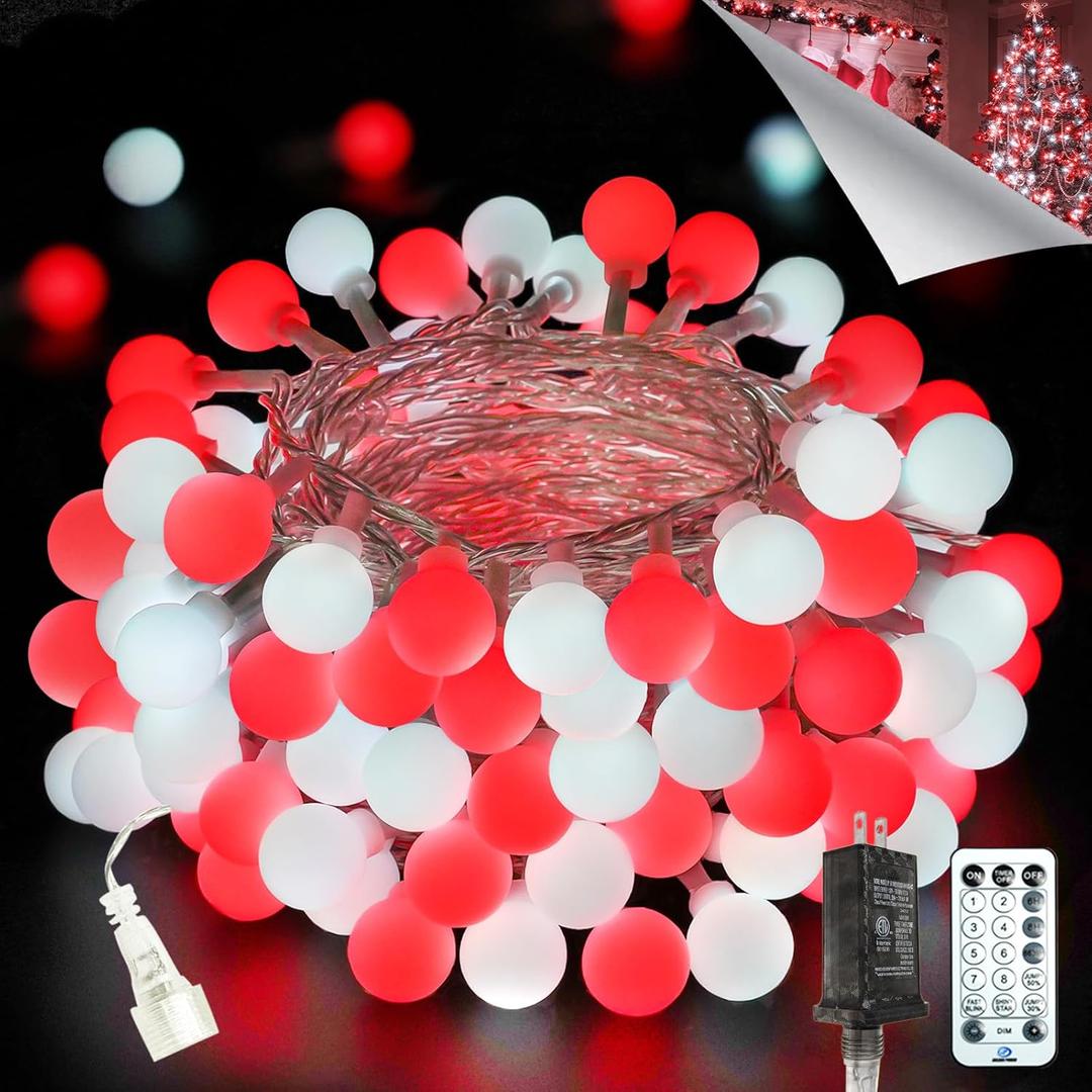 2025 New Connectable 43FT Smart Voice Controlled Christmas String Lights Indoor Outdoor | 100LED Red and White Globe Twinkle Lights with Remote & Timer | 12 Modes Waterproof Christmas Tree Decorations